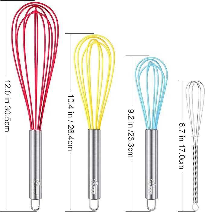 HOTEC 4 Pieces Silicone Whisks Set, Wire Balloon Whisks Egg Beater, Non-slip Handle Whisk for Non-stick Cookware Perfect for Cooking, Stirring, Beating and Blending (Multicolor) - Image 2