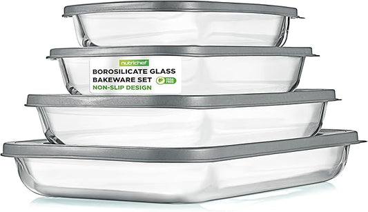 NutriChef 8-Piece Deep Glass Baking Dish for Oven with Lids - Casserole Dishes for Oven - Bakeware Sets for Lasagna, Meatloaf, Leftovers, Cooking, & Dishwasher Safe -Gray by NutriChef%E2%84%A2Kitchen