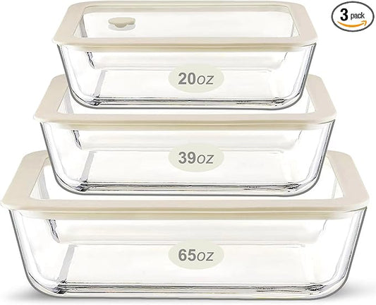 Urban Green Glass Food Container Set with Glass Lid, 3 Pack, Meal Prep Containers with Silicone Framed Airtight Lid, Leakproof, 100% Plastic Free,