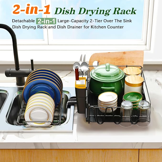 Runnatal 2-Tier Dish Drying Rack with Drainboard Set, Stainless Steel Detachable 2-in-1 Large-Capacity 2-Tier Over The Sink Anti-Rust Dish Rack and Dish Drainer for All Kitchen - Image 3