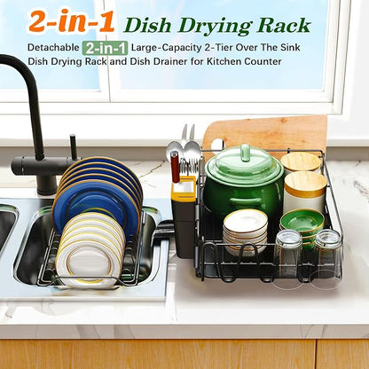 Runnatal 2-Tier Dish Drying Rack with Drainboard Set, Stainless Steel Detachable 2-in-1 Large-Capacity 2-Tier Over The Sink Anti-Rust Dish Rack and Dish Drainer for All Kitchen - Image 3