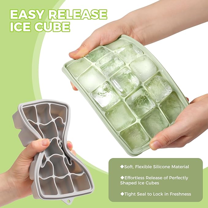 Silicone Ice Cube Trays with Lid, Set of 4, Easy Release Ice Molds, Reusable and Stackable Ice Trays for Freezer for Cocktail, Whiskey, Baby Food, BPA Free (green) - Image 2