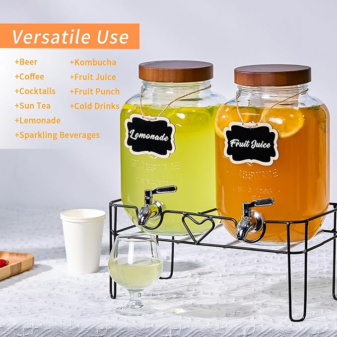 2 Pack1Gallon Glass Drink Dispenser with Stand&Bamboo Lids&Fruit Infuser,304 Stainless Steel Leak-Proof Spigot,Beverage Dispenser for Parties,Water Sangria Juice Sun Tea Lemonade(Brown)