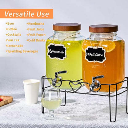 2 Pack1Gallon Glass Drink Dispenser with Stand&Bamboo Lids&Fruit Infuser,304 Stainless Steel Leak-Proof Spigot,Beverage Dispenser for Parties,Water Sangria Juice Sun Tea Lemonade(Brown)