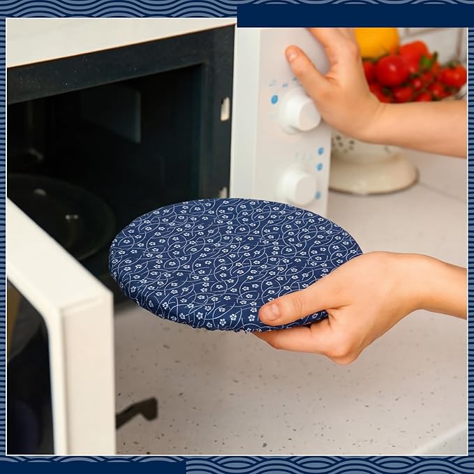 Patelai 10 Pcs Bowl Covers Reusable in 5 Size Stretch Cloth Fabric Elastic Food Storage Bowl Covers Bread Sourdough Lids for Proofing Food Fruits Leftover(Blue White,Geometric Style) - Image 6