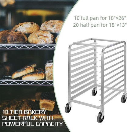 HALLY SINKS & TABLES H Bun Pan Rack 10 Tier with Wheels, Commercial Bakery Racking of Aluminum for Full & Half Sheet - Kitchen, Restaurant, Cafeteria, Pizzeria, Hotel and Home, 26" L x 20" W x 38" H - Image 4