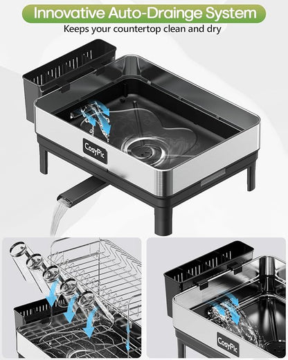 2 Tier Dish Drying Rack, Thicker Premium 304 Stainless Steel Dish Racks for Kitchen Counter, Automatic Drainage Spout, Dish Drainer & Drainboard Set with Utensil Holder and Cup Holder, Black - Image 5