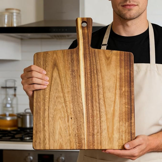 Large Acacia Wood Cutting Board with Handle 17''X13'', Charcuterie Board, Serving Board, Chopping Board for Meat, Cheese, Bread, Vegetables & Fruits (Square) by ZeQi