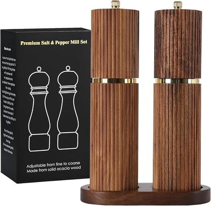 Wooden Salt and Pepper Grinder Set, Refillable Salt and Pepper grinder with adjustable Coarseness, Acacia Wood pepper mill manual, Salt and Pepper Shakers Matching Wooden tray-Ideal for Gifting - Image 7