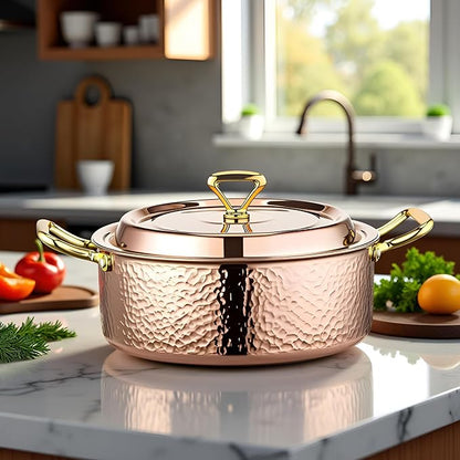 YJX 4.2QT Hammered Stock Pot with Lid, Copper Rose Gold, Tri-Ply Stainless Steel, Multi-Functional Cookware for Bake Roast Braise Saute, Magnetic Base, Dishwasher and Oven Safe (26CM)