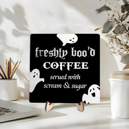 Freshly Boo'd Coffee Wood Sign, Halloween Coffee Bar Decor, Scream Sugar Spooky Season Haunted House Signs Ghosts Fall Shelf Sitter Kitchen Rustic Farmhouse Home Decor Wooden Plaque Sign - Image 3