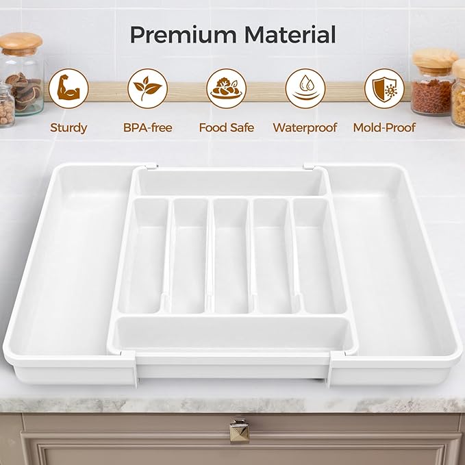 ukeetap Extra Large Expandable Silverware Organizer, BPA-Free Food-Safe Cutlery Flatware Organizer, Kitchen Utensil Drawer Organizer, Adjustable Silverware Holder for Spoons Forks Knives, White - Image 4