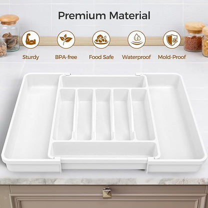 ukeetap Extra Large Expandable Silverware Organizer, BPA-Free Food-Safe Cutlery Flatware Organizer, Kitchen Utensil Drawer Organizer, Adjustable Silverware Holder for Spoons Forks Knives, White - Image 4