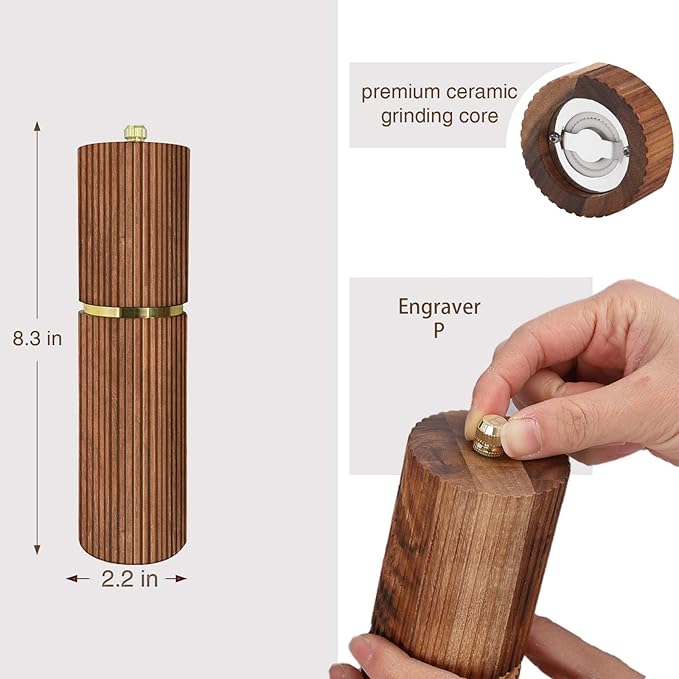 Wooden Pepper Grinder Pepper Mill,Adjustable Coarseness Salt Pepper Grinder Shaker Pepper Grinder Refillable,Acacia Wood Salt Grinder for Your Kitchen - Image 2