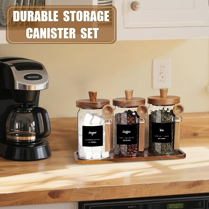 Suclain 3 Pcs Glass Coffee Container with Wooden Lid Spoon Shelf Labels Clear Airtight Jar Food Storage Canister Set for Sugar Spice Coffee Bean Holder Housewarming Gift(25 oz,Acacia Brown) - Image 6