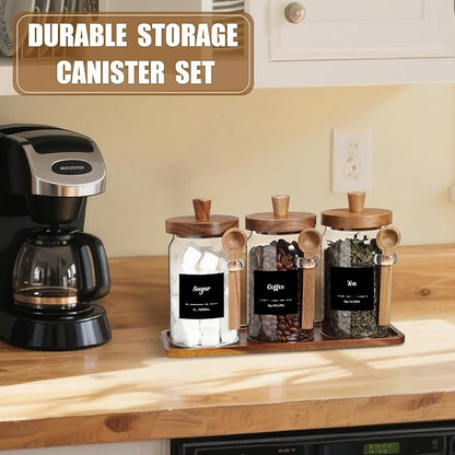 Suclain 3 Pcs Glass Coffee Container with Wooden Lid Spoon Shelf Labels Clear Airtight Jar Food Storage Canister Set for Sugar Spice Coffee Bean Holder Housewarming Gift(25 oz,Acacia Brown) - Image 6