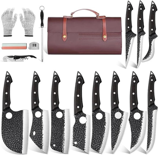 TAN REN 17PCS Butcher Knife Set with Bag, High Carbon Steel BBQ Knife Set for Meat Cutting, Hand Forged Serbian Chef Knives for Men Home & Outdoor Cooking