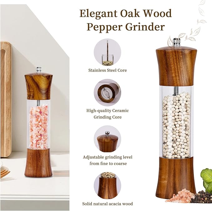 XWXO Acacia Wood Premium Acrylic Salt and Pepper Grinder Set 8 Inches Salt and Pepper Mill Set, Manual Mills- Wooden Shakers with Adjustable Ceramic Core 2 Pack for Kitchen Home Gift - Image 3