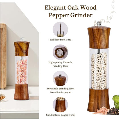 XWXO Acacia Wood Premium Acrylic Salt and Pepper Grinder Set 8 Inches Salt and Pepper Mill Set, Manual Mills- Wooden Shakers with Adjustable Ceramic Core 2 Pack for Kitchen Home Gift - Image 3
