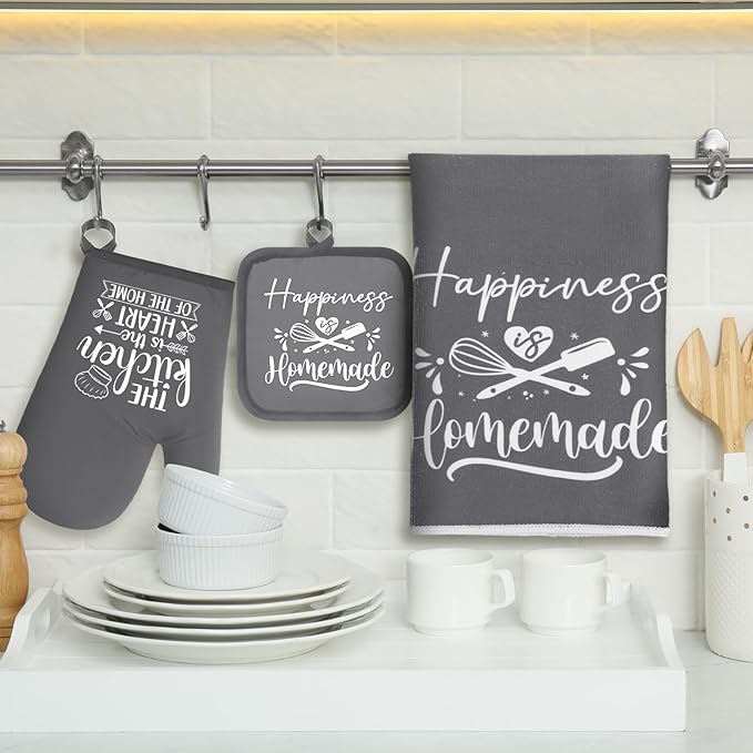Sratte 6 Pcs Kitchen Decor Accessories Set Farmhouse Towels Pot Holders Oven Mitts Set 2 Dish Towels 2 Potholders 2 Cooking Mittens Oven Glove for Christmas Baking Cooking Supply(Dark Gray,Kitchen) - Image 2