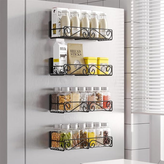 Magnetic Spice Rack for Refrigerator, 4 Pack Strong Magnetic Shelf for Spices, Jars, Bottles, Perfect Space Saver for Small Kitchen/Apartment (Black, 4pack)