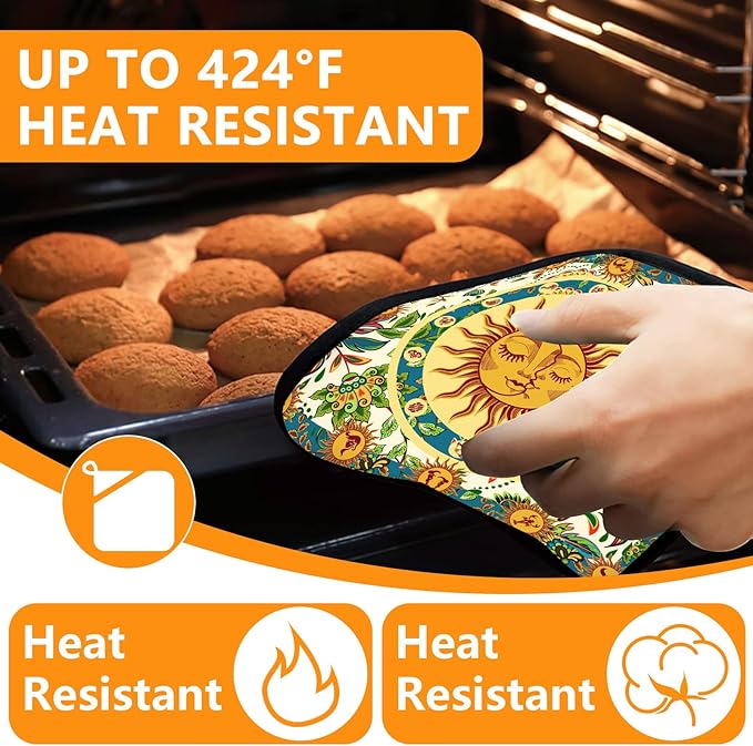 Sun and Moon Oven Mitts and Pot Holders Sets 4Pcs,Extra Long Oven Gloves Potholder for Kitchen Cooking Baking BBQ 100% Cotton Heat Resistant - Image 4