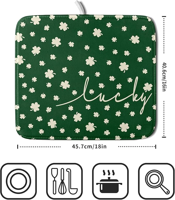 Giwawa St Patricks Day Dish Drying Mat Green Lucky Clovers Dish Drainer Mats 16"x18" Shamrock Holiday Microfiber Reversible Dish Drying Rack Pad Protector for Kitchen Countertop Small Decor