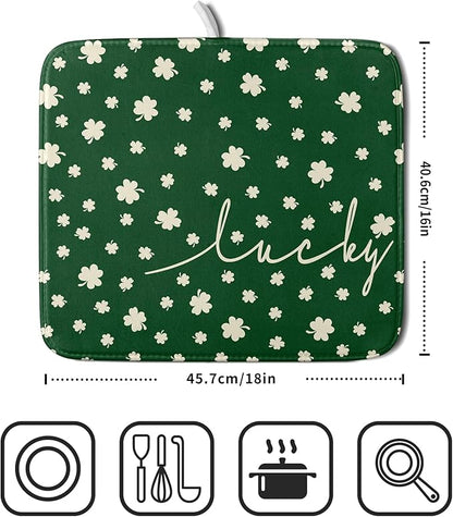 Giwawa St Patricks Day Dish Drying Mat Green Lucky Clovers Dish Drainer Mats 16"x18" Shamrock Holiday Microfiber Reversible Dish Drying Rack Pad Protector for Kitchen Countertop Small Decor