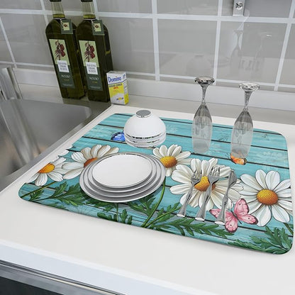 Spring Summer Daisy Flowers Dish Drying Mat for Kitchen Counter 18”x24” Rustic Daisy Absorbent Dish Drying Mat Reversible Microfiber Dish Drainer Rack Fast Drying Mat for Countertops Tableware Decor