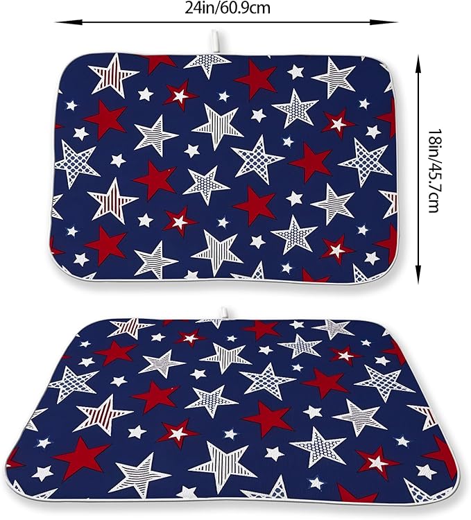 4th of July Dish Drying Mat 18x24 Inch Navy Blue Red Stars Patriotic Decor Drying Mat Independence Day Memorial Day Absorbent Dish Drying Pad Dish Rack Drainer Mats for Kitchen Dining Counter