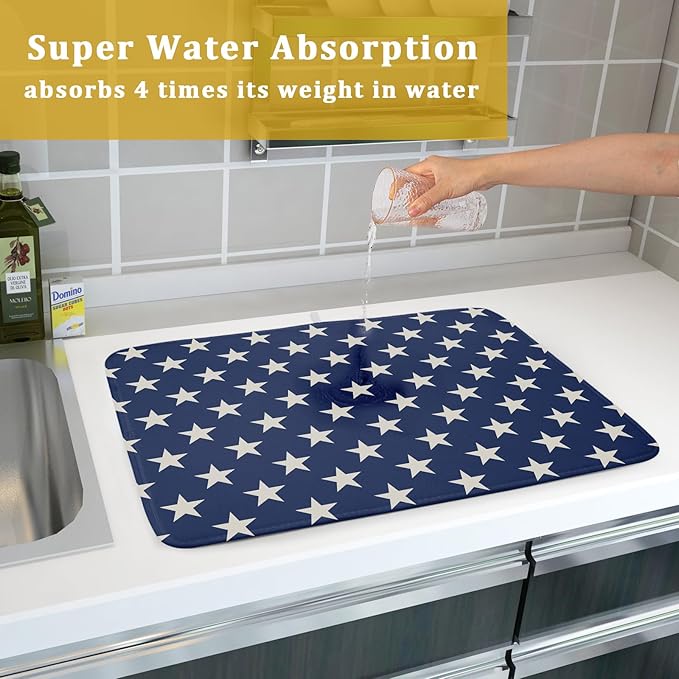 Patriotic July of 4th Blue Star Dish Drying Mat for Kitchen Counter 18x24 Memorial Independence Day Absorbent Reversible Microfiber Drying Mats Kitchen Countertop Protector Dishes Drainer Pad - Image 7