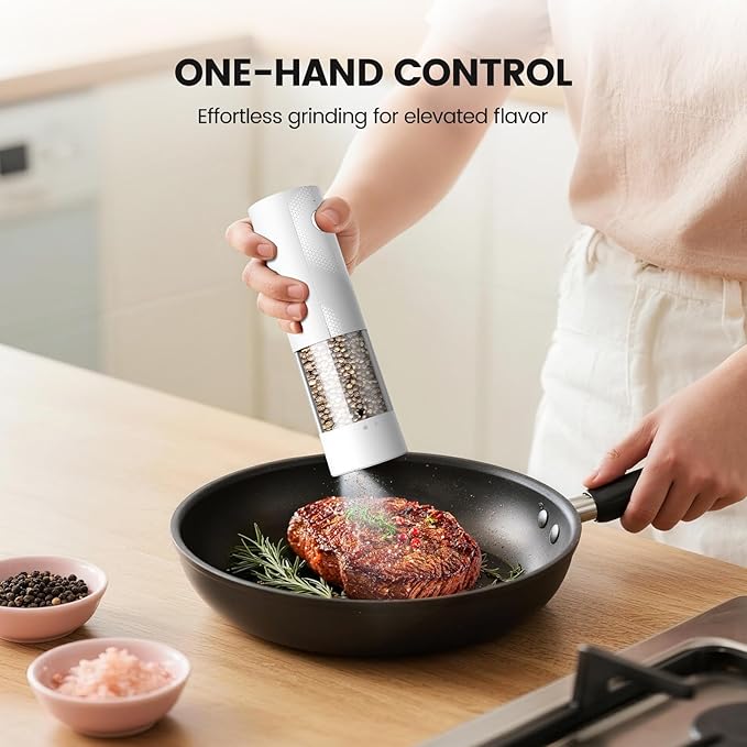 Electric Salt and Pepper Grinder Set - Rechargeable Automatic Salt and Pepper Shakers, Kitchen Appliances with External Adjustable Coarseness, Larger Hopper for Cooking, Home Gifts(2 Pack,White/White) - Image 7