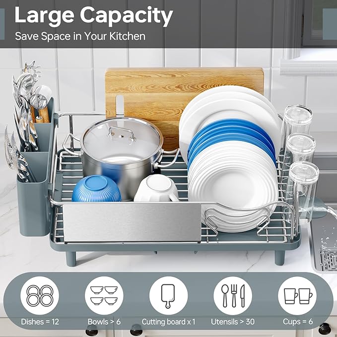 Stainless Steel Dish Drying Rack - Large Capcity 304 Grade Dish Drainer for Kitchen Counter with Drain Board, Utensil Holder & Detachable Cup Shelf, Rustproof Multifunctional Organizer, Pale Blue - Image 3