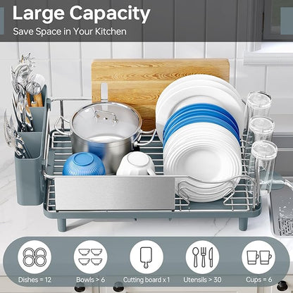 Stainless Steel Dish Drying Rack - Large Capcity 304 Grade Dish Drainer for Kitchen Counter with Drain Board, Utensil Holder & Detachable Cup Shelf, Rustproof Multifunctional Organizer, Pale Blue - Image 3