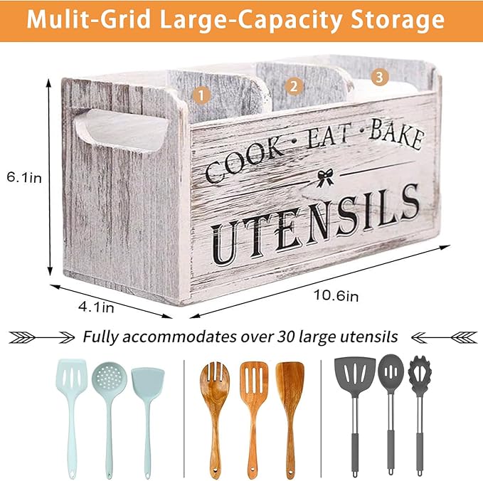 Utensil Holder,Wooden Utensil Holder for Kitchen Counter, Cooking Utensil Organizer with 3 Compartments,Utensil Crock for Silverware Spoon Spatula - Image 3