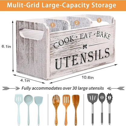 Utensil Holder,Wooden Utensil Holder for Kitchen Counter, Cooking Utensil Organizer with 3 Compartments,Utensil Crock for Silverware Spoon Spatula - Image 3