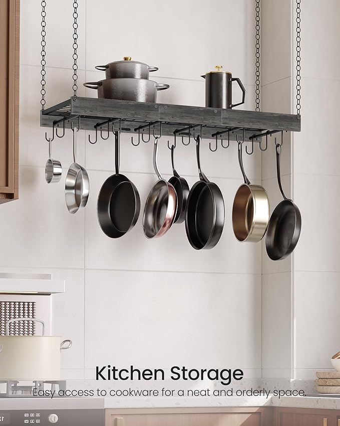CHOEZON Hanging Pot Rack, 35.4" L x 13" W Ceiling Pot Hanger, Industrial Style Pot Rack, Wall Mounted Pot Hanger for Kitchen, Pot and Pan Hanging Rack, with Hooks, Charcoal Black and Black TPR12BCC1 - Image 3