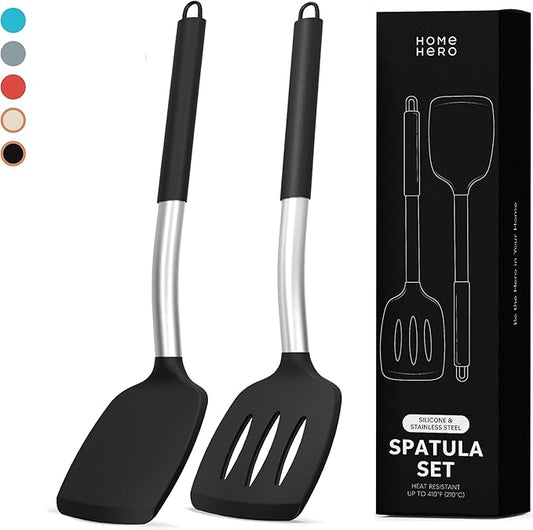 Home Hero Silicone Spatula Set - Heat Resistant Spatulas for Cooking - Ergonomic Stainless Steel Cooking Utensils - Solid & Slotted Silicone Turners - Pack of 2, Black by HomeHero