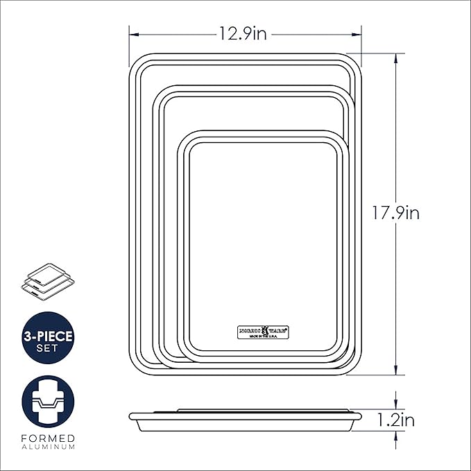 Nordic Ware Naturals 3 Piece Set - USA Made Aluminum Commercial Quality Sheet Pan for Baking or Roasting, Encapsulated Galvanized Steel Rim Prevents Warping; Half Sheet, Jelly Roll and Quarter Sheet - Image 5