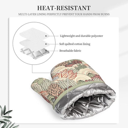 Cactus Succulent Silicone Oven Mitts Pan Mats Set of 2, Heat Resistant Gloves Potholder with Non-Slip Grips Hanging Loops Pot Holder, Spring Summer for Chef Cooking, Baking, Grilling, BBQ