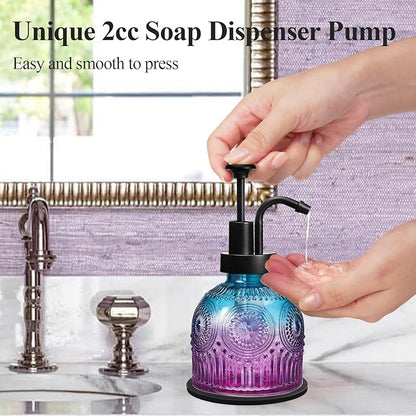 SheeChung Vintage Soap Dispenser, Kitchen Dish Soap Dispensers with Pump Mat, Glass Hand Soap Dispenser for Bathroom, Liquid, Lotion, Refillable, Rustic Farmhouse Decor-Purple Blue (Black Pump, 1 pk)