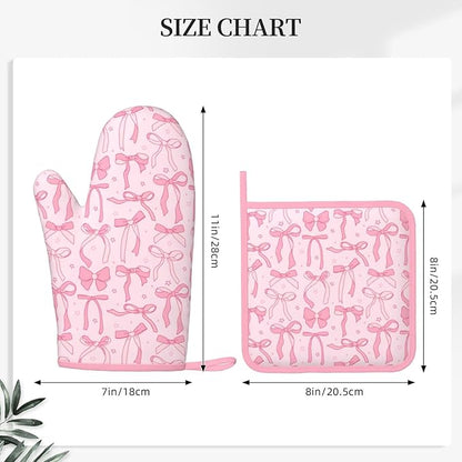 Pink Cute Ribbon Bow Silicone Oven Mitts Pan Mats Set of 2, Heat Resistant Gloves Potholder with Non-Slip Grips Hanging Loops Pot Holder, Spring Summer for Chef Cooking, Baking, Grilling, BBQ