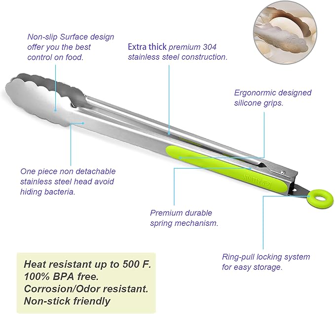 304 Stainless Steel Kitchen Cooking Tongs, 14" and 16" Set of 2 Sturdy Grilling Barbeque Brushed Locking Food Tongs with Ergonomic Grip, Green - Image 5