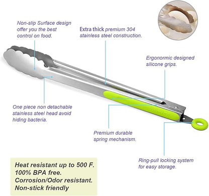 304 Stainless Steel Kitchen Cooking Tongs, 14" and 16" Set of 2 Sturdy Grilling Barbeque Brushed Locking Food Tongs with Ergonomic Grip, Green - Image 5