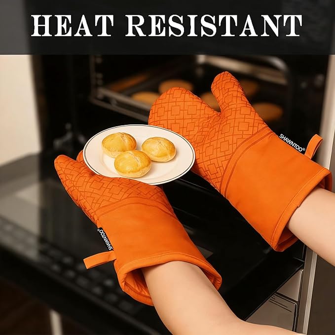 Oven Mitts and Pot Holders Sets 6pcs, Kitchen Oven Glove,High Heat Resistant 550 Degree Extra Long Oven Mitts and Potholders with Non-Slip Silicone Surface for Home Essentials (Grey) (Pumpkin Orange) - Image 4