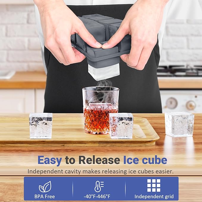 Large Ice Cube Trays for Whiskey: GGOW Big Silicone Ice Cube Trays 2Inch - Huge Square Ice Cubed Tray for Whisky and Cocktail - Image 2