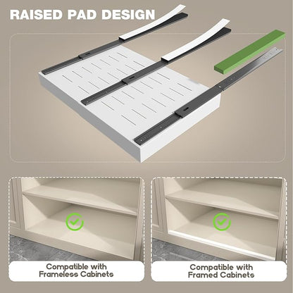 Seinloes 2 Pack Pull Out Cabinet Organizer 18" Deep,Full Extension 3 Slide Rails Slide Out Drawers With Raising Pad for Framed Cabinets,Expandable Width (15.4"-26.2"),No Drill Roll Out shelf,White