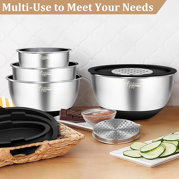 Wildone Mixing Bowls with Airtight Lids, 27 PCS Stainless Steel Nesting Bowls, with 3 Grater Attachments, Scale Mark & Non-Slip Bottom, Size 5, 4, 3, 2, 1.5, 1, 0.63QT, Ideal for Mixing & Prepping - Image 6