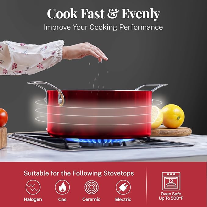 Gotham Steel 20 Pc Pots and Pans Set Nonstick Cookware + Bakeware Set, Complete Ceramic for Kitchen, Non Stick with Lids, Dishwasher / Oven Safe, Toxic - Red - Image 4