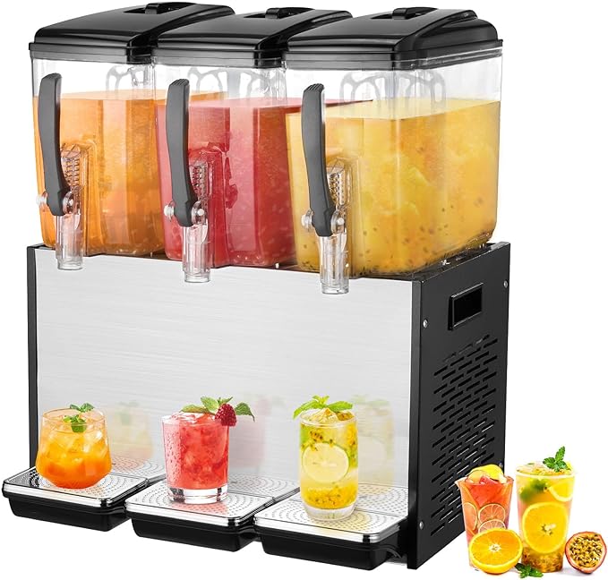 VEVOR Commercial Beverage Dispenser, 3 Tanks 12 L / 12.7 QT Per Tank Juice Dispenser, 370W Stainless Steel Ice Tea Drink Machine with 45°F-54°F Cooling Temperature, for Cold Drink Restaurant Bar Party by VEVOR